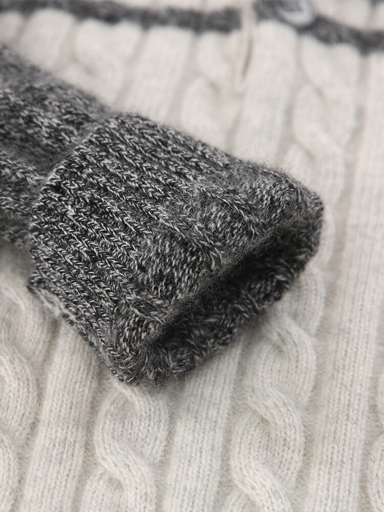 Cable Knit Cashmere Button Collar Sweater with Contrast Sleeves